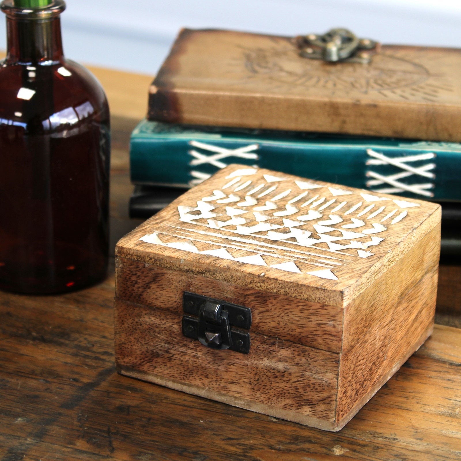 Hand Carved Mango Wood Vintage Style Keepsake Box - Medium / Whitewash / Aztec Design product packaging on clean background from Quintessential Holistic Health Ltd