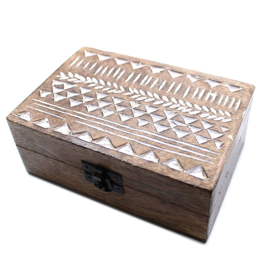 Hand Carved Mango Wood Vintage Style Keepsake Box - Large - Whitewash - Aztec Design - main product image from Quintessential Holistic Health Ltd UK
