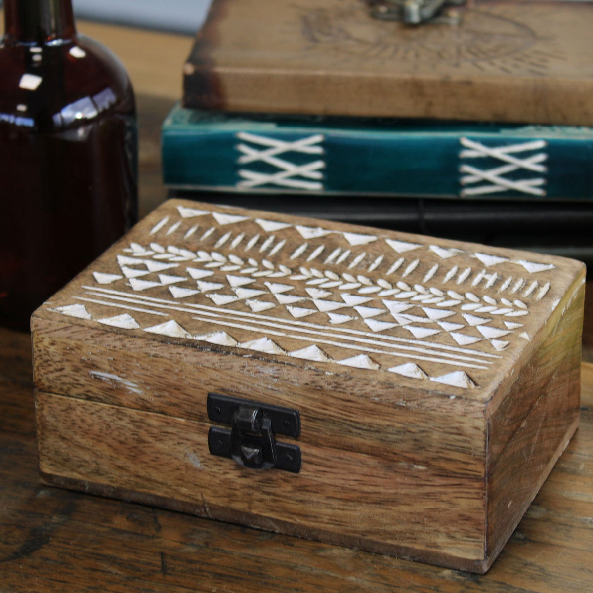 Mango Wood Keepsake Box - Large - Whitewash - Aztec Design, closed rectangular box with a patterned lid and black front clasp by Quintessential Holistic Health Ltd