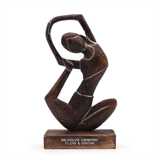 Handmade Eco-Friendly Albasia Wood Yoga Lady - Revolved Pose / Revolve Unwind / Flow & Grow - Antique Brown product packaging on clean background from Quintessential Holistic Health Ltd