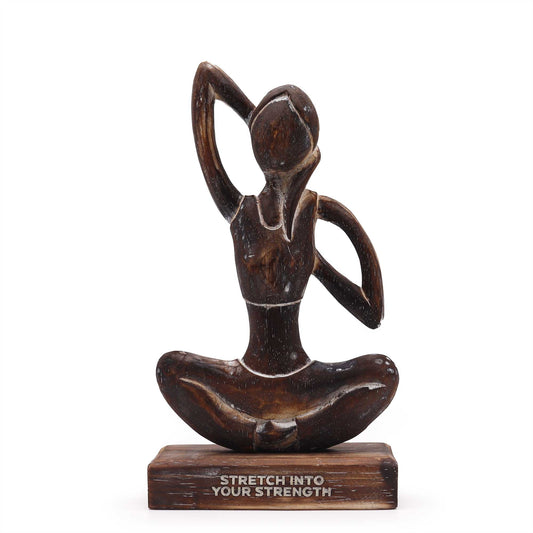 Handmade Eco-Friendly Albasia Wood Yoga Lady - Cow Face Pose / Stretch into Your Strength - Antique Brown product packaging on clean background from Quintessential Holistic Health Ltd