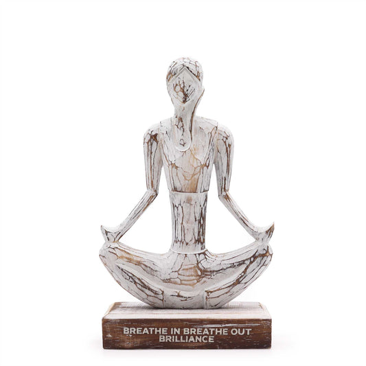 Handmade Eco-Friendly Albasia Wood Yoga Lady - Easy Pose / Breathe in Breathe Out / Brilliance - Whitewash product packaging on clean background from Quintessential Holistic Health Ltd