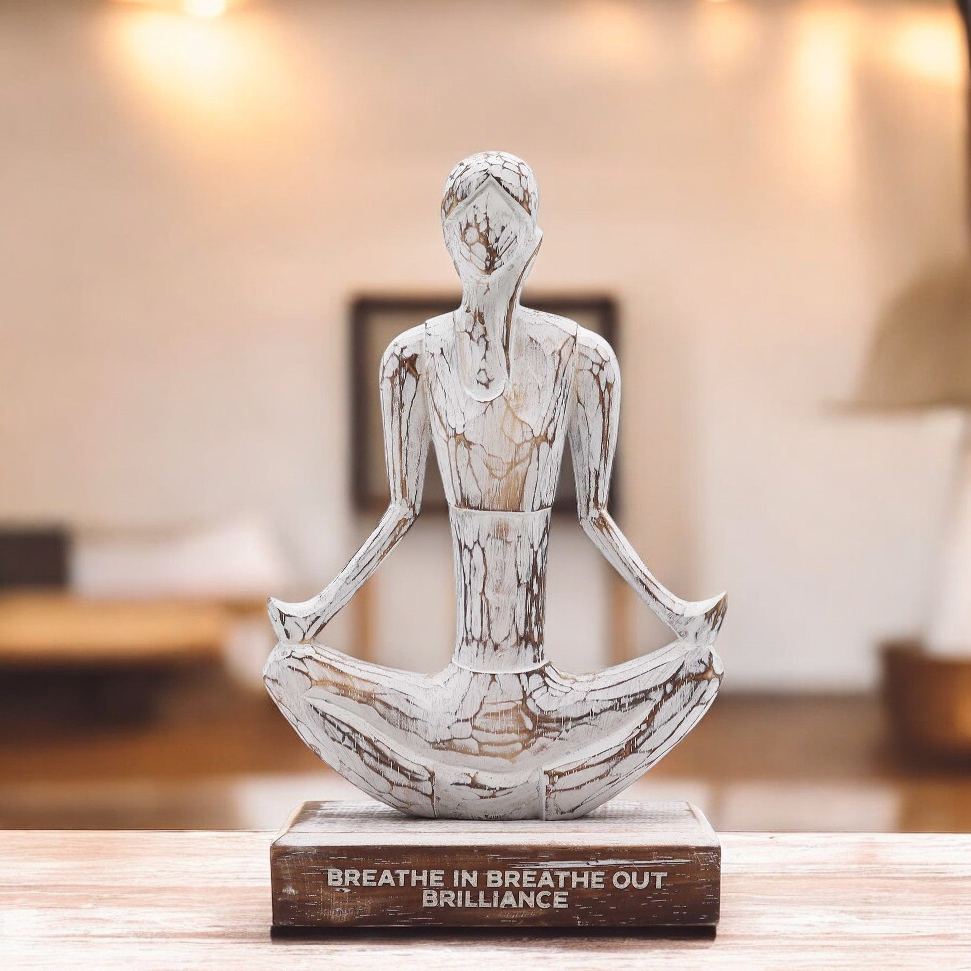 Handmade Eco-Friendly Albasia Wood Yoga Lady - Easy Pose / Breathe in Breathe Out / Brilliance - Whitewash product packaging on clean background from Quintessential Holistic Health Ltd
