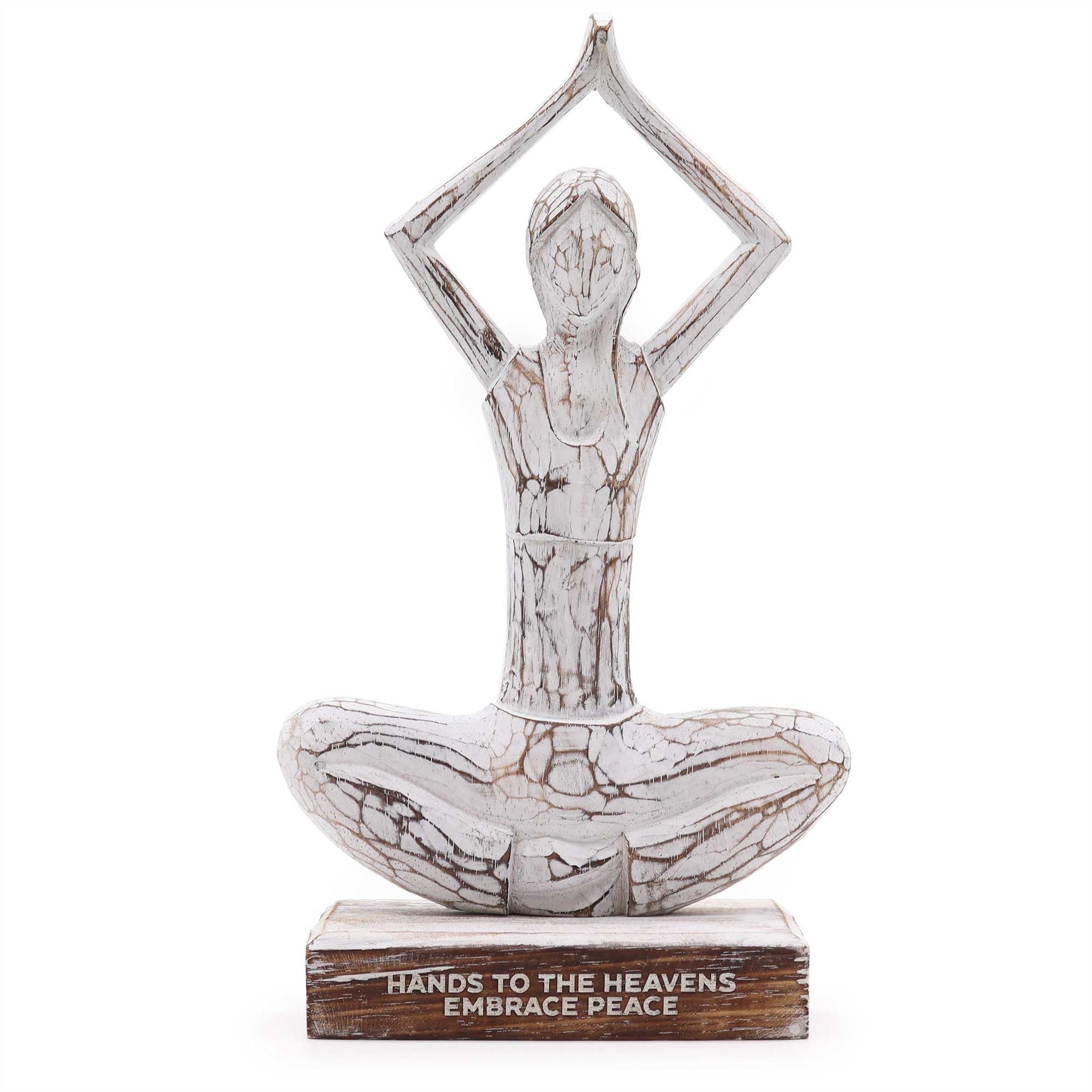 Handmade Eco-Friendly Albasia Wood Yoga Lady - Hands Up Pose / Hands to the Heavens / Embrace Peace - Whitewash product packaging on clean background from Quintessential Holistic Health Ltd