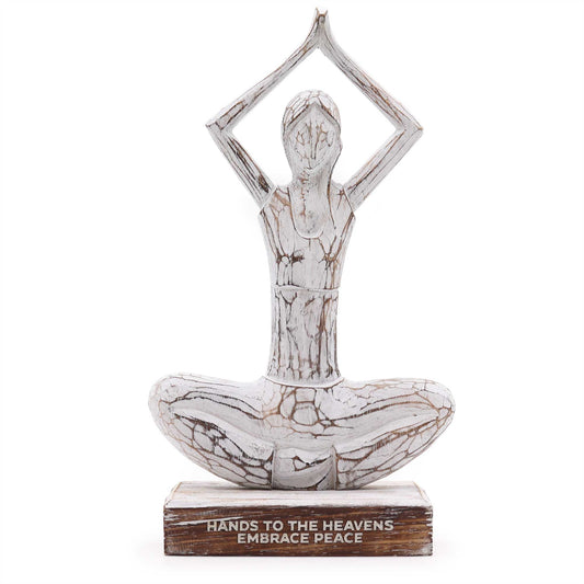 Handmade Eco-Friendly Albasia Wood Yoga Lady - Hands Up Pose / Hands to the Heavens / Embrace Peace - Whitewash product packaging on clean background from Quintessential Holistic Health Ltd