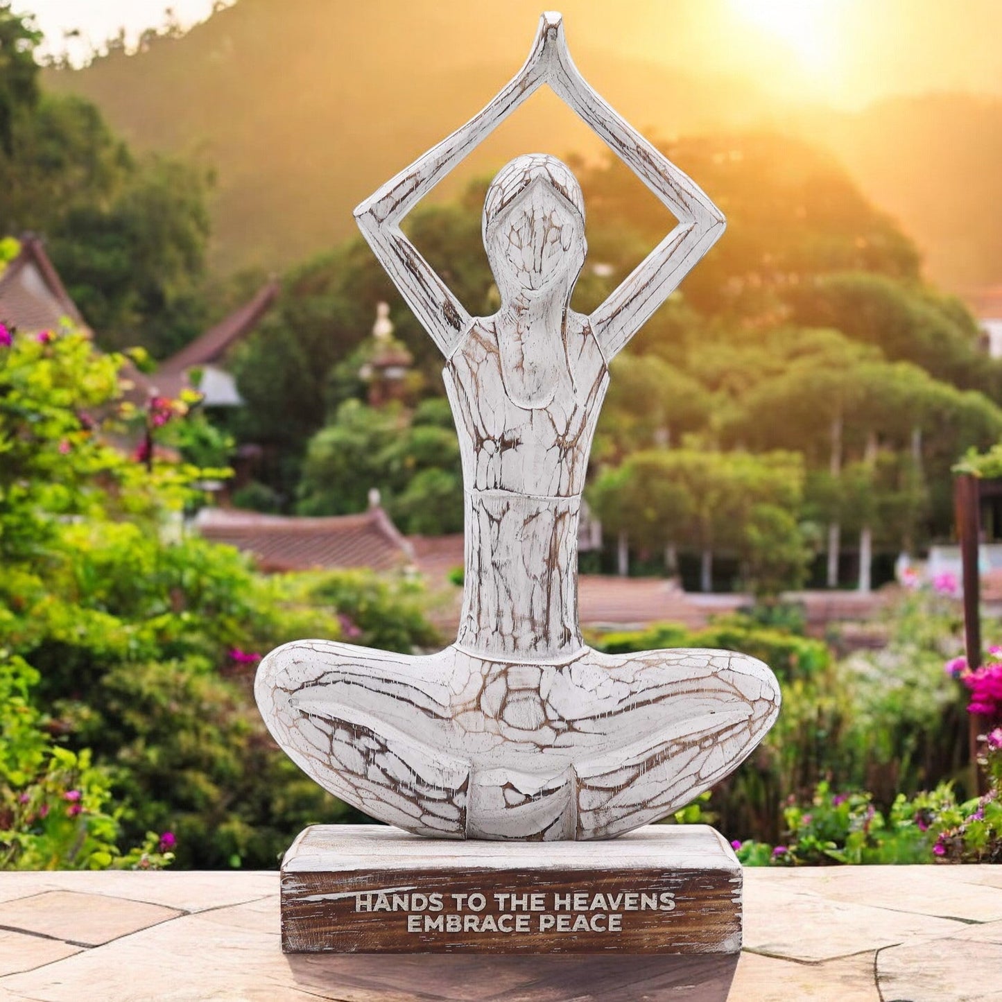 Handmade Eco-Friendly Albasia Wood Yoga Lady - Hands Up Pose / Hands to the Heavens / Embrace Peace - Whitewash product packaging on clean background from Quintessential Holistic Health Ltd