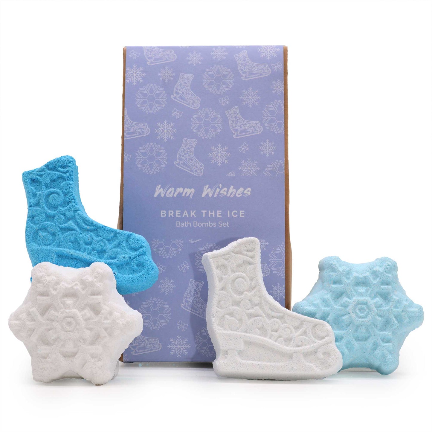 Christmas Bath Bomb Gift Pack - Break the Ice, blue and white snowflake and ice-skate shapes beside a purple box, by Quintessential Holistic Health Ltd