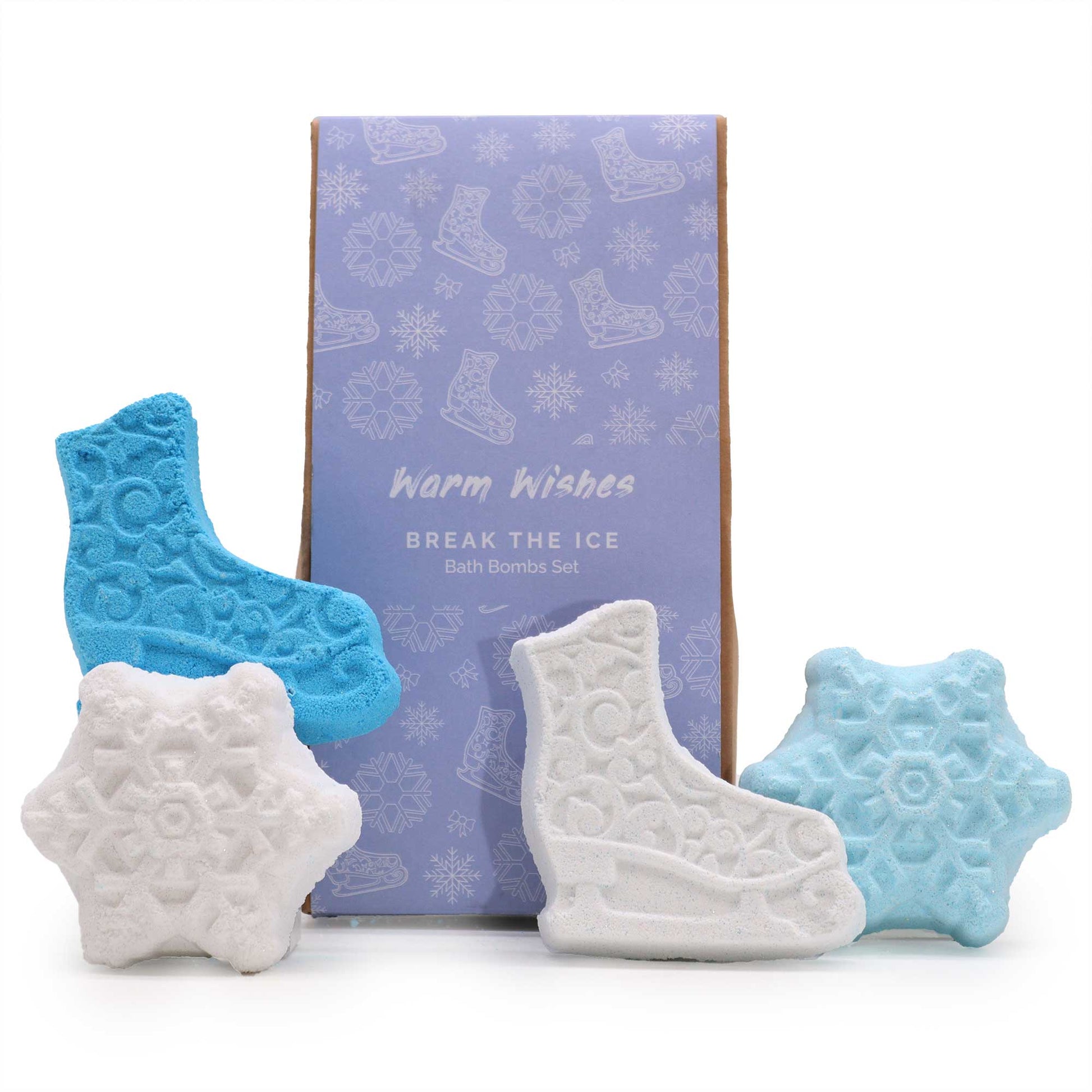 Christmas Bath Bomb Gift Pack - Break the Ice, blue and white snowflake and ice-skate shapes beside a purple box, by Quintessential Holistic Health Ltd