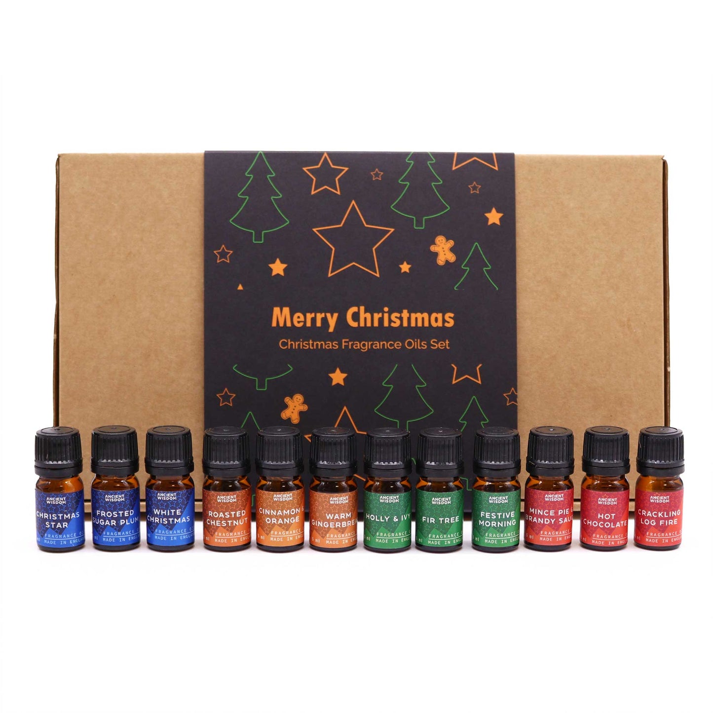 Christmas Fragrance Oil Set - Festive Delights, twelve small coloured bottles arranged in front of the printed gift box by Quintessential Holistic Health Ltd
