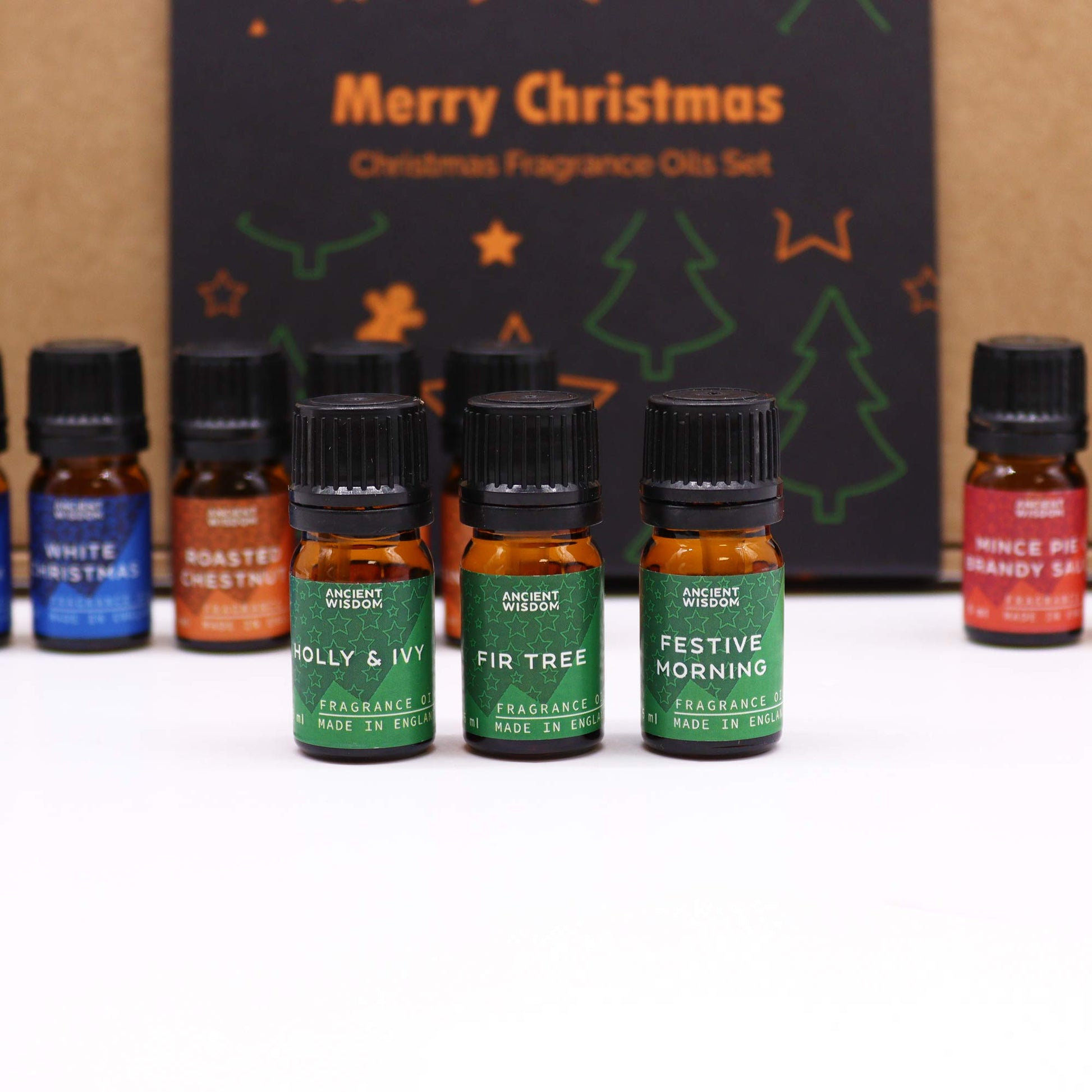 Christmas Fragrance Oil Set - Festive Delights, assorted small bottles displayed in front of the printed gift box by Quintessential Holistic Health Ltd