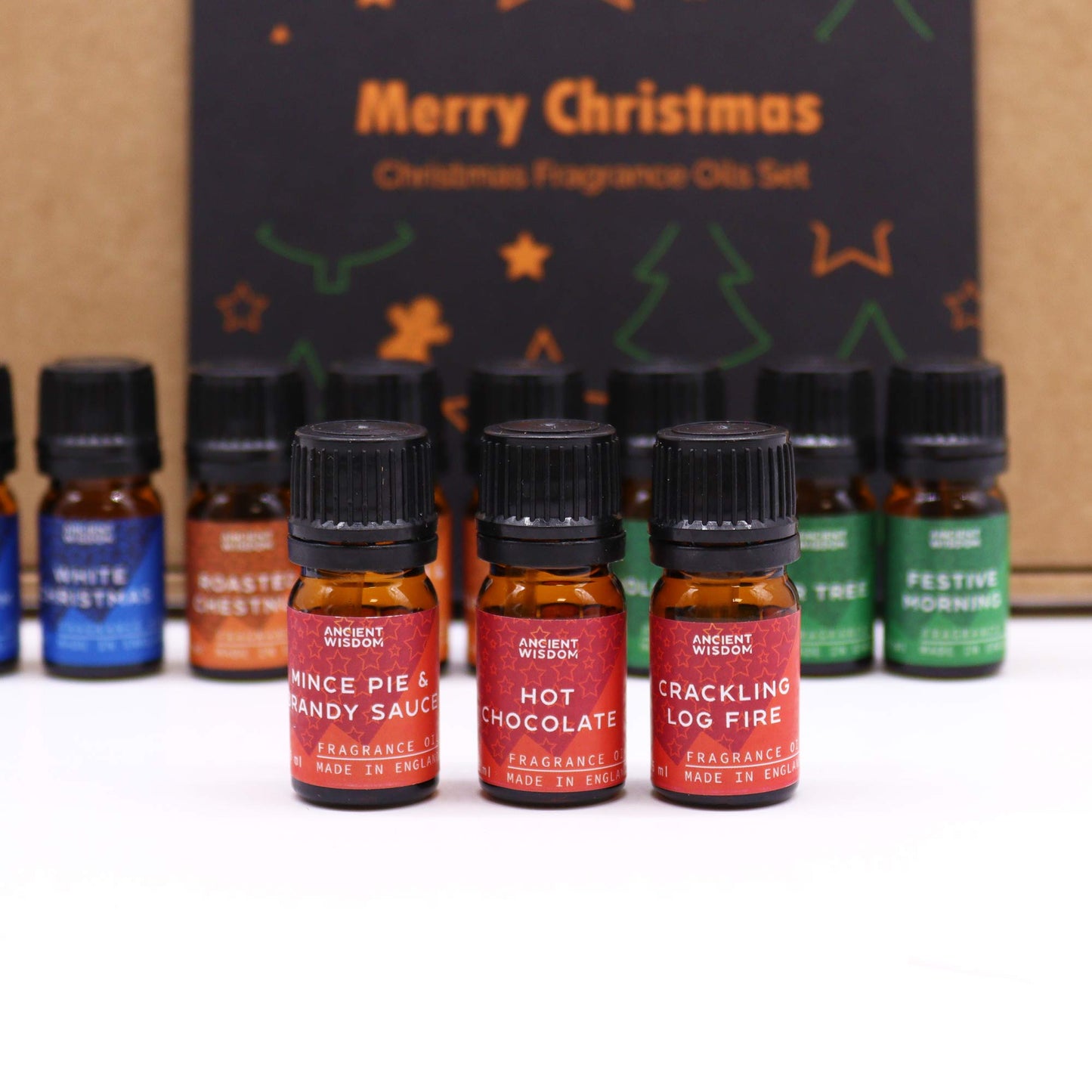 Christmas Fragrance Oil Set - Festive Delights, small festive-labelled bottles arranged in two rows before the printed gift box by Quintessential Holistic Health Ltd