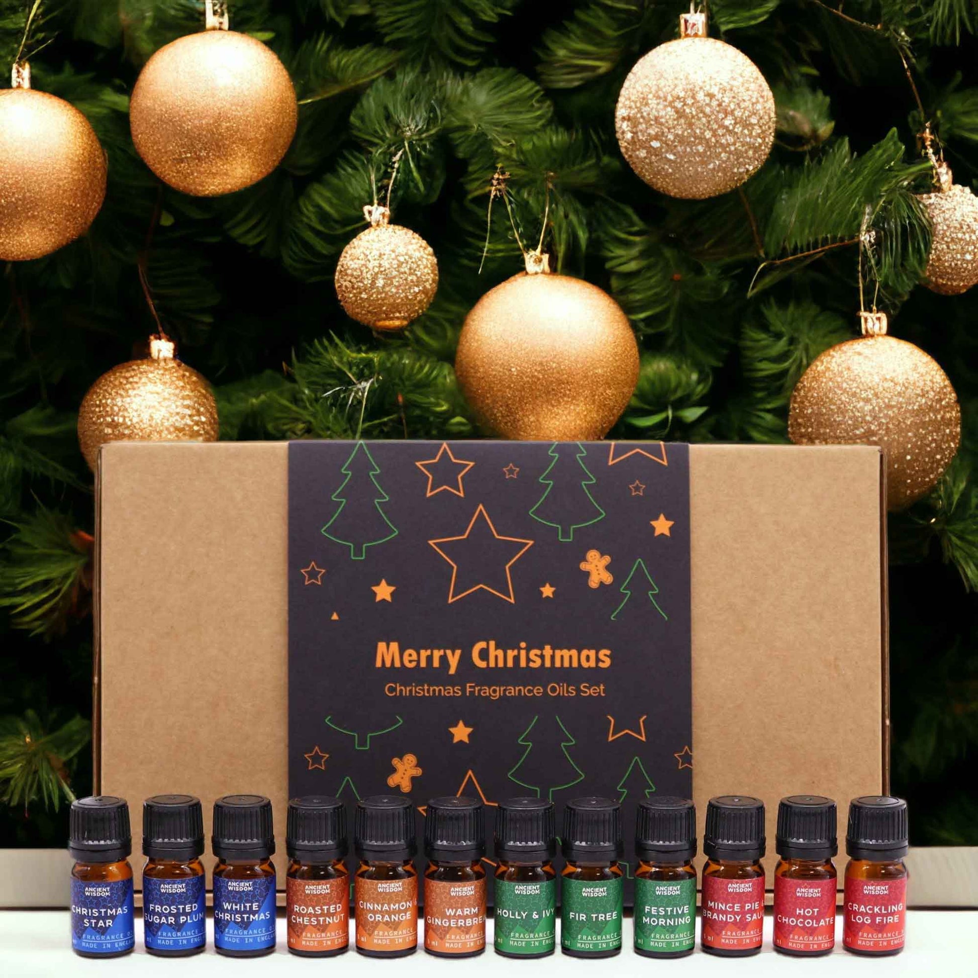 Christmas Fragrance Oil Set - Festive Delights, printed gift box behind a row of small coloured bottles beside a decorated tree by Quintessential Holistic Health Ltd