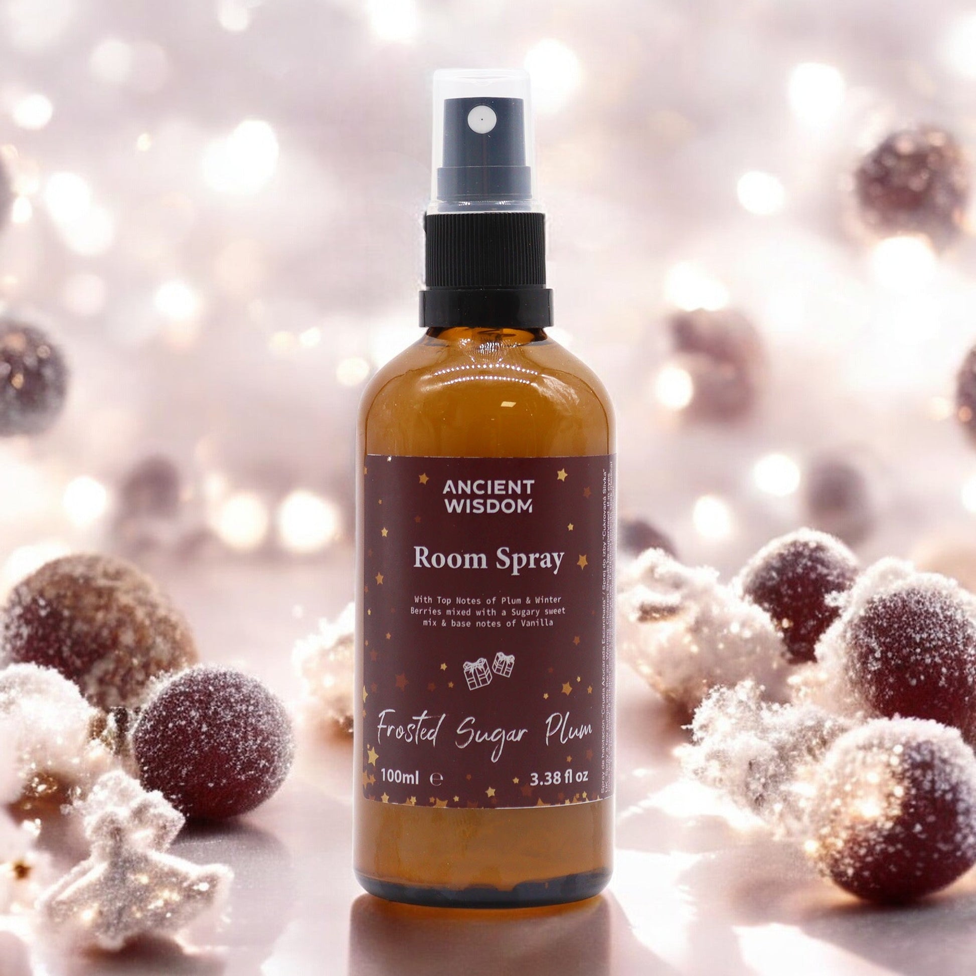 100ml Fragrant Room and Pillow Spray - Frosted Sugar Plum product packaging on clean background from Quintessential Holistic Health Ltd
