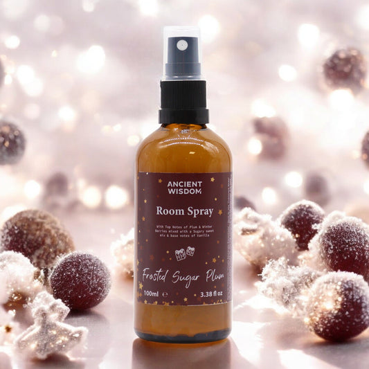 100ml Fragrant Room and Pillow Spray - Frosted Sugar Plum product packaging on clean background from Quintessential Holistic Health Ltd