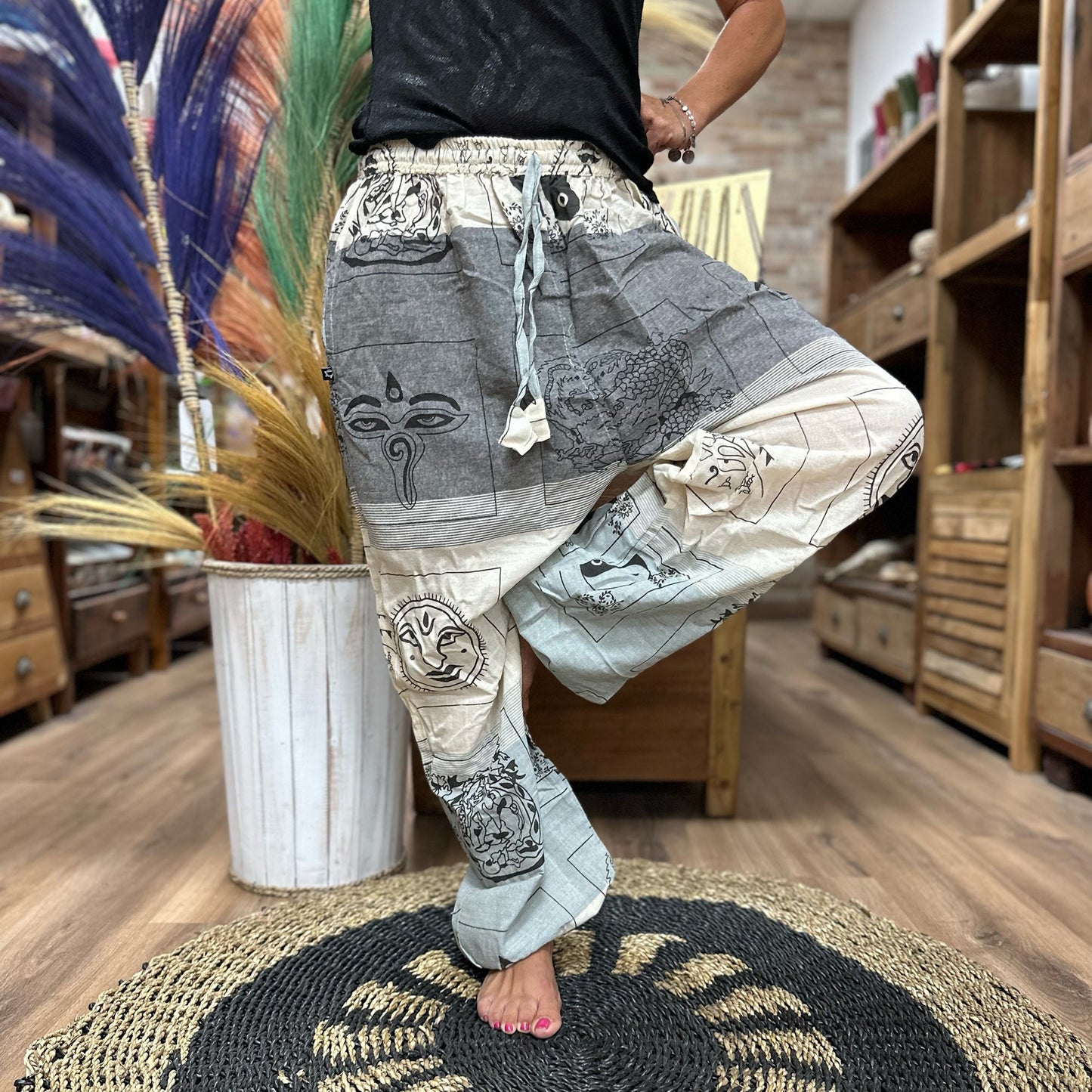 100% Eco-Friendly Cotton Unisex High Cross Style Yoga and Festival Pants - Grey Multicolour - Himalayan Print product packaging on clean background from Quintessential Holistic Health Ltd