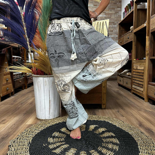 100% Eco-Friendly Cotton Unisex High Cross Style Yoga and Festival Pants - Grey Multicolour - Himalayan Print - main product image from Quintessential Holistic Health Ltd UK