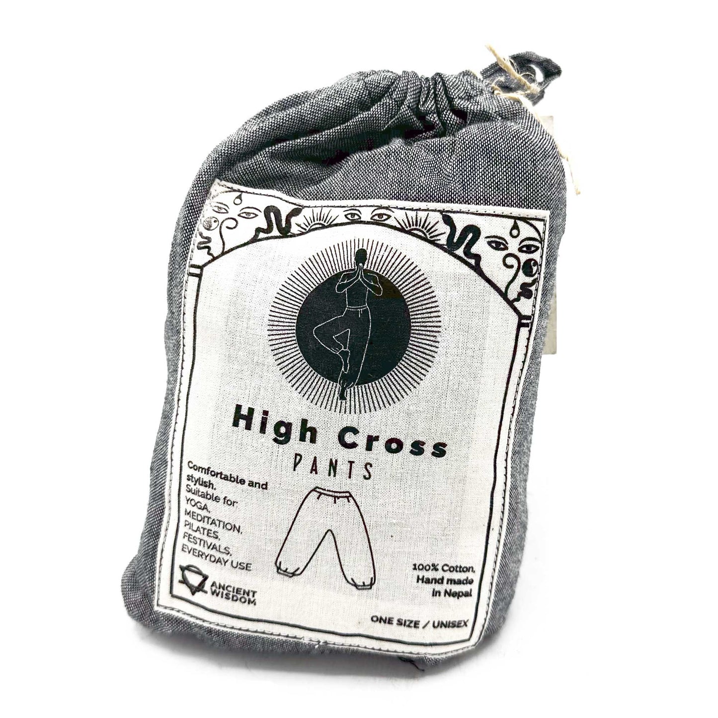 100% Eco-Friendly Cotton Unisex High Cross Style Yoga and Festival Pants - Grey Multicolour - Himalayan Print product packaging on clean background from Quintessential Holistic Health Ltd