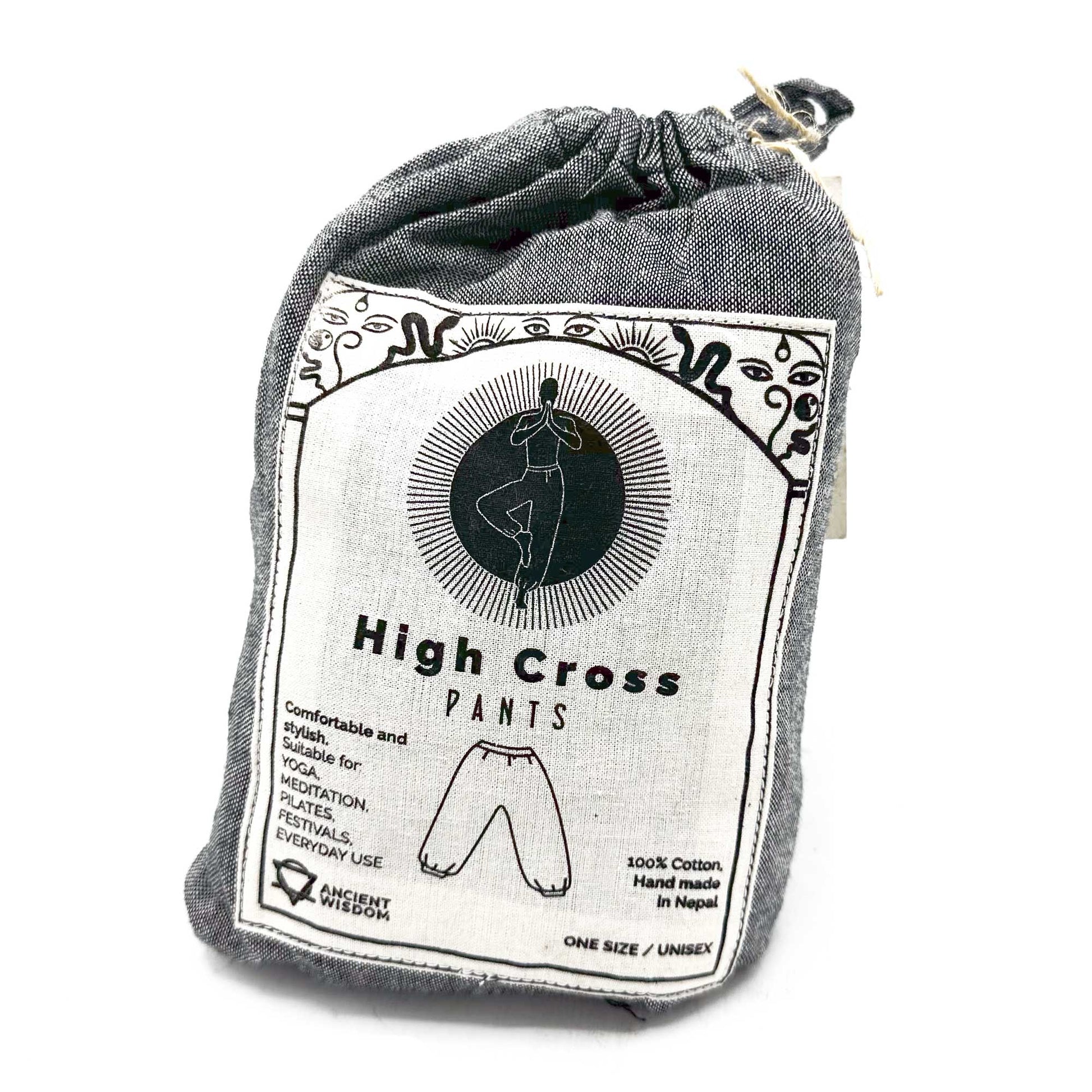 100% Eco-Friendly Cotton Unisex High Cross Style Yoga and Festival Pants - Grey Multicolour - Himalayan Print product packaging on clean background from Quintessential Holistic Health Ltd