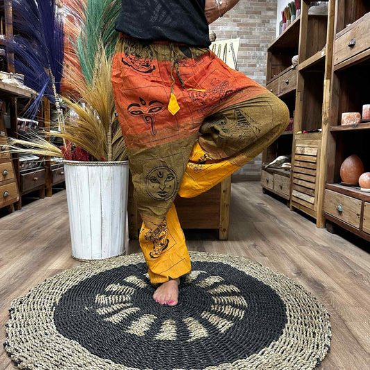 100% Eco-Friendly Cotton Unisex High Cross Style Yoga and Festival Pants - Orange Multicolour / Himalayan Print product packaging on clean background from Quintessential Holistic Health Ltd