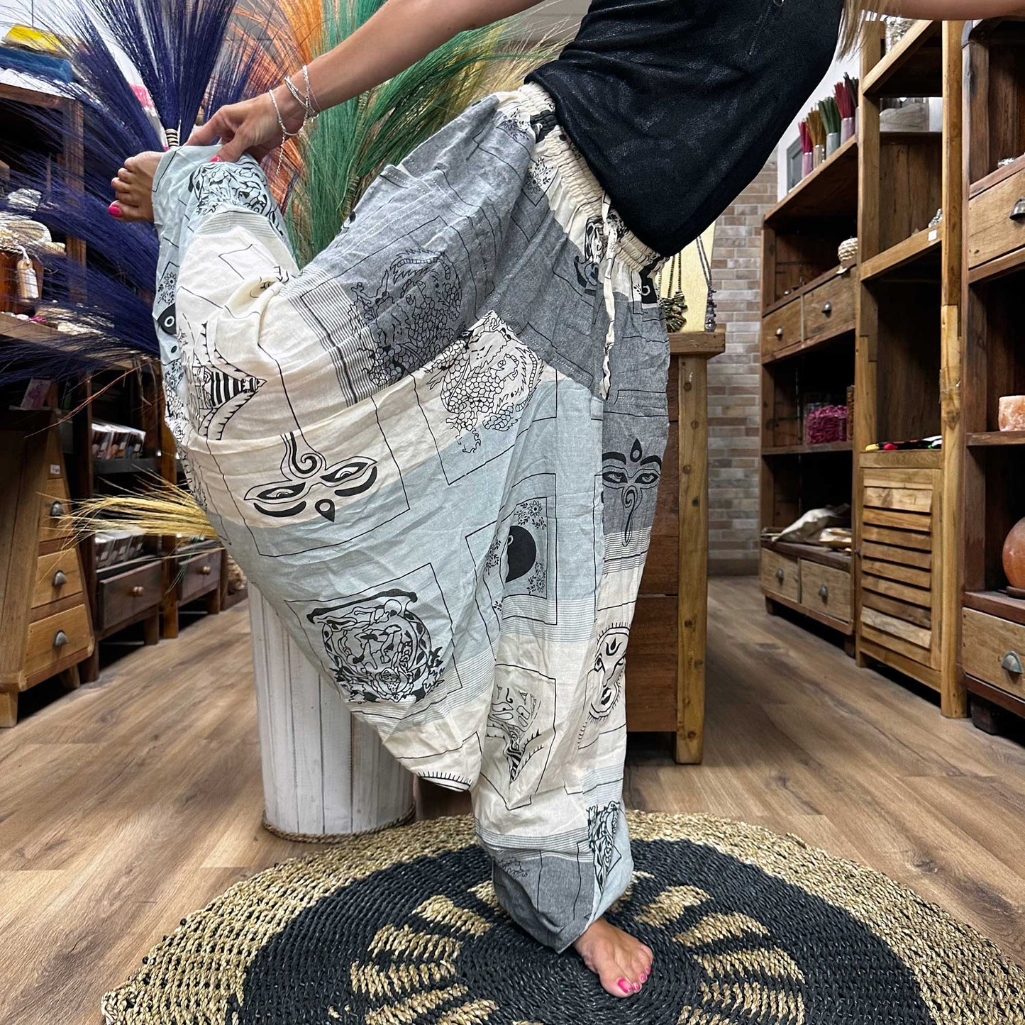 100% Eco-Friendly Cotton Unisex Aladdin Style Yoga and Festival Pants - Grey Multicolour / Himalayan Print product packaging on clean background from Quintessential Holistic Health Ltd