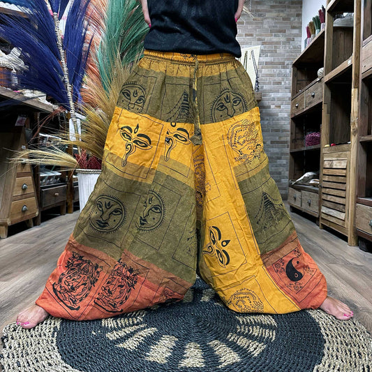 100% Eco-Friendly Cotton Unisex Aladdin Style Yoga and Festival Pants - Orange Multicolour / Himalayan Print product packaging on clean background from Quintessential Holistic Health Ltd