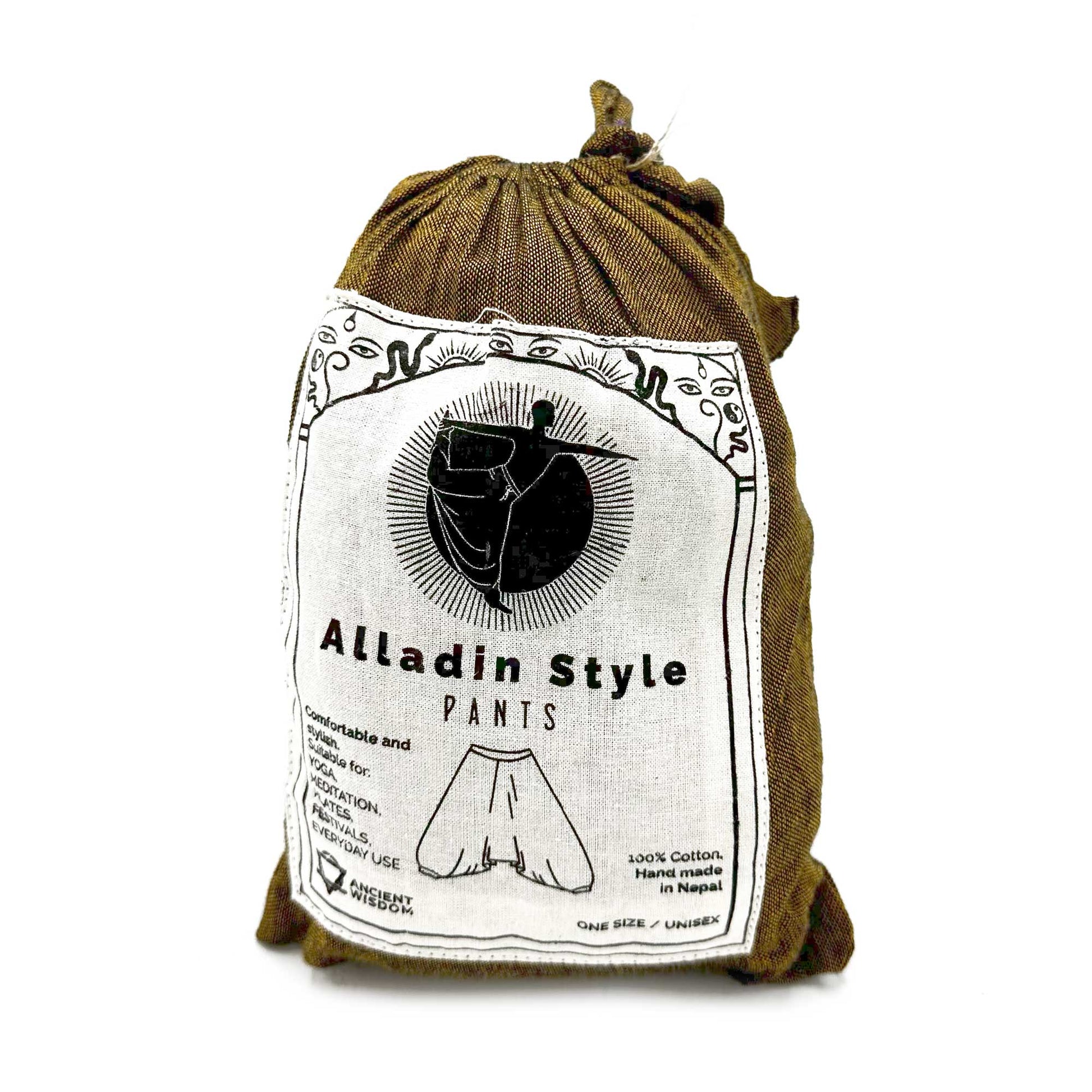 100% Eco-Friendly Cotton Unisex Aladdin Style Yoga and Festival Pants - Orange Multicolour / Himalayan Print product packaging on clean background from Quintessential Holistic Health Ltd