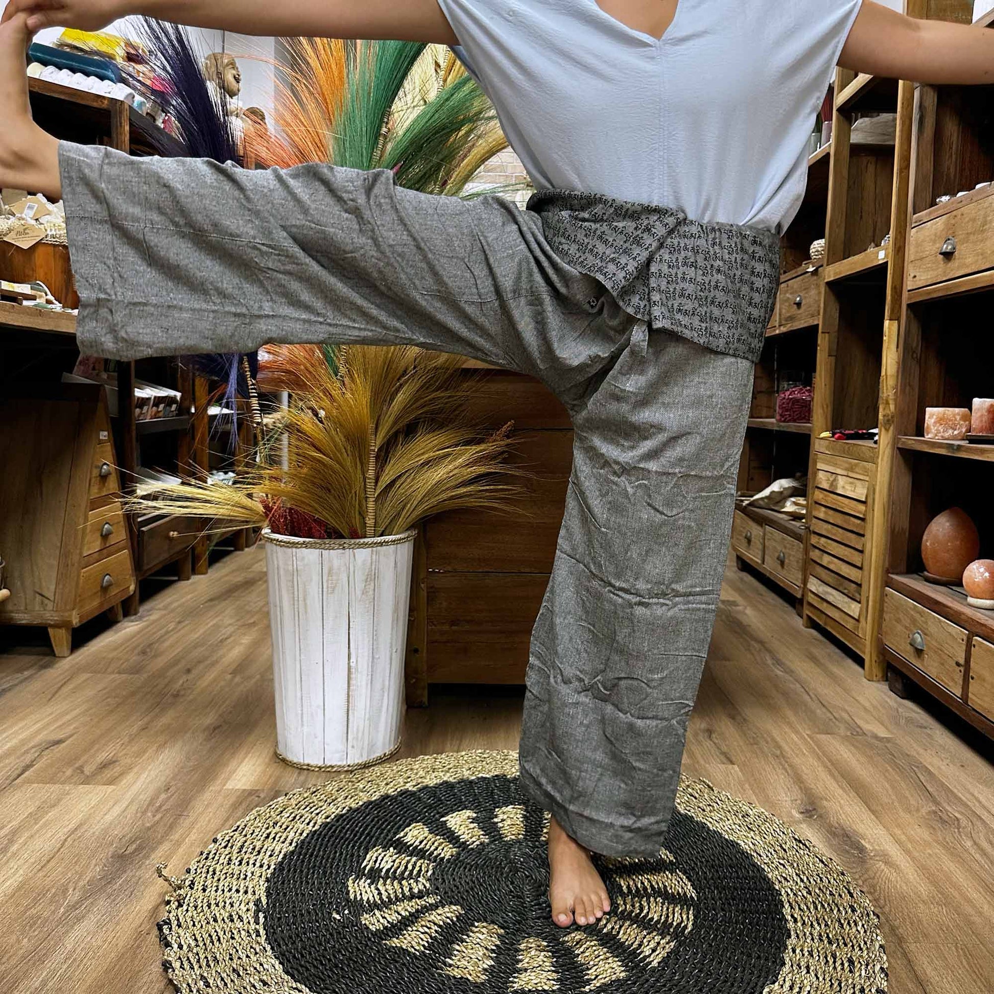 100% Eco-Friendly Cotton Unisex Thai Fisherman Style Yoga and Festival Pants - Grey / Mandala Mantra product packaging on clean background from Quintessential Holistic Health Ltd