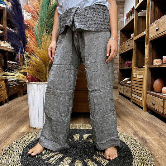 100% Eco-Friendly Cotton Unisex Thai Fisherman Style Yoga and Festival Pants - Grey / Mandala Mantra product packaging on clean background from Quintessential Holistic Health Ltd