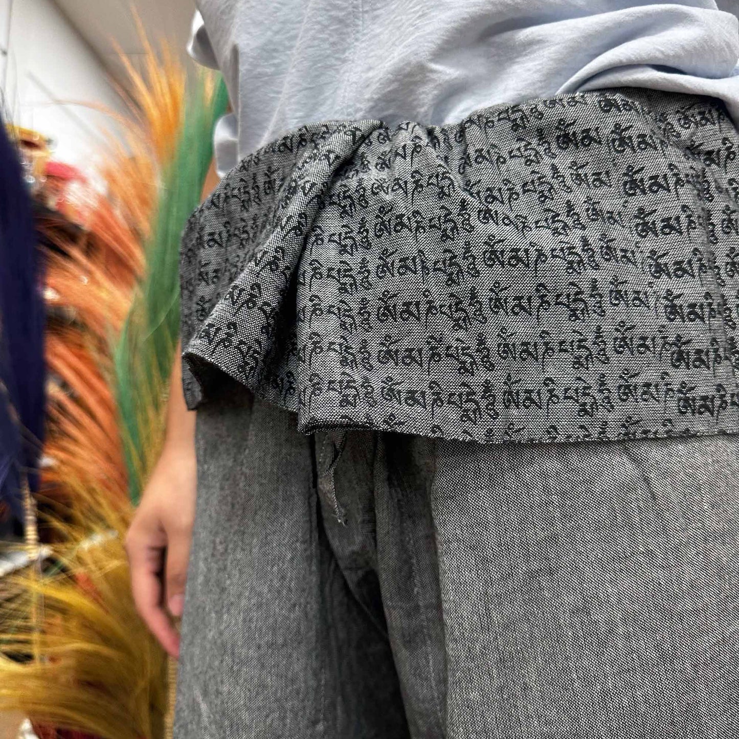 100% Eco-Friendly Cotton Unisex Thai Fisherman Style Yoga and Festival Pants - Grey / Mandala Mantra product packaging on clean background from Quintessential Holistic Health Ltd