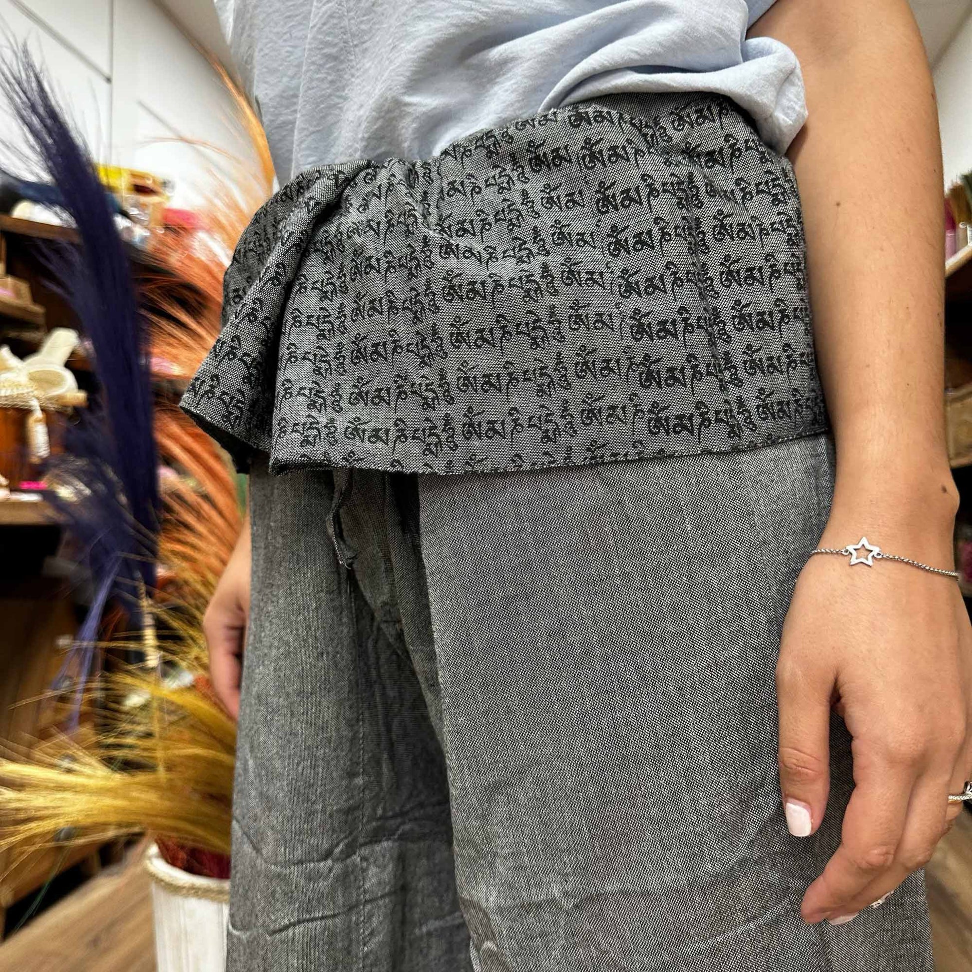 100% Eco-Friendly Cotton Unisex Thai Fisherman Style Yoga and Festival Pants - Grey / Mandala Mantra product packaging on clean background from Quintessential Holistic Health Ltd