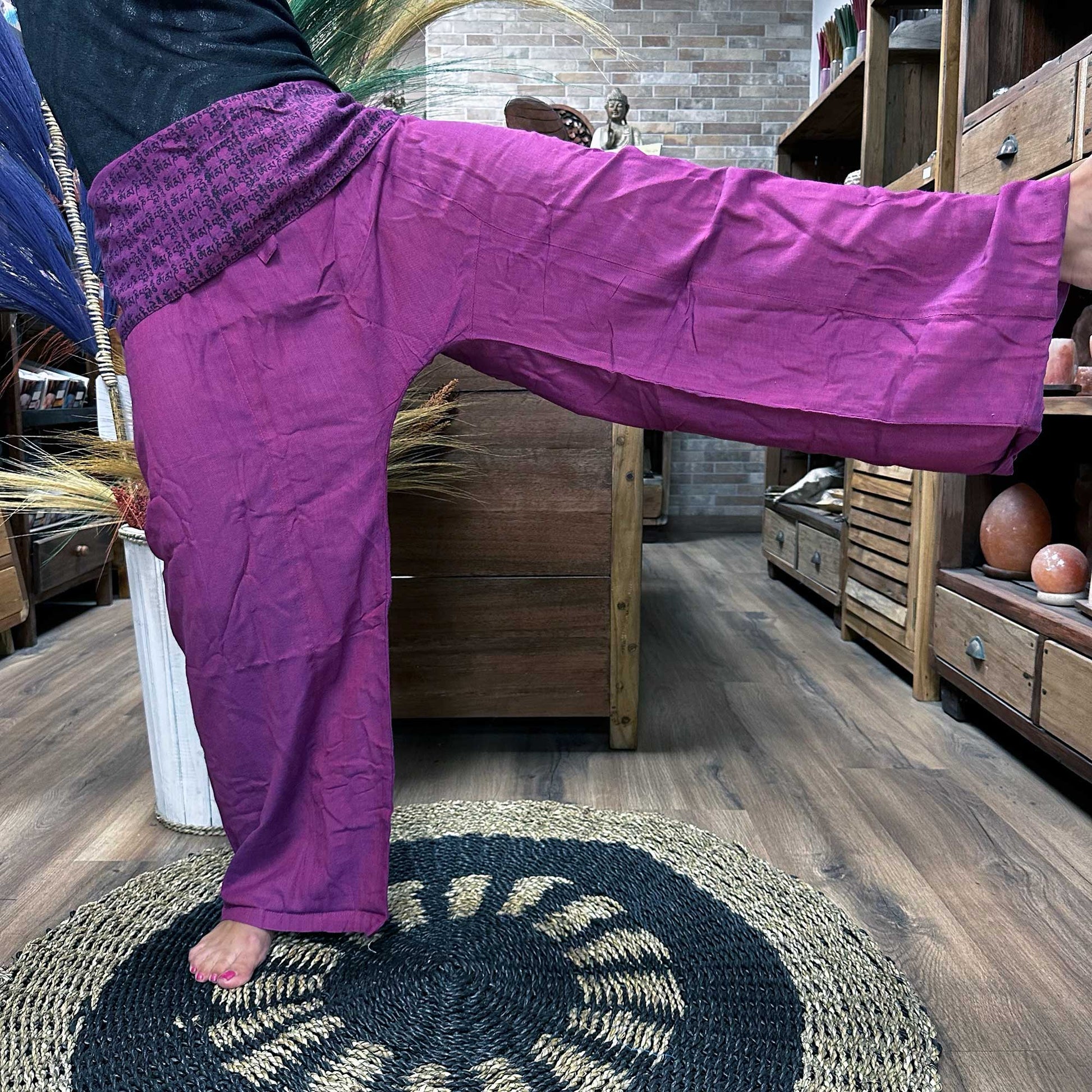100% Eco-Friendly Cotton Unisex Thai Fisherman Style Yoga and Festival Pants - Purple / Mandala Mantra product packaging on clean background from Quintessential Holistic Health Ltd