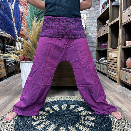 100% Eco-Friendly Cotton Unisex Thai Fisherman Style Yoga and Festival Pants - Purple / Mandala Mantra product packaging on clean background from Quintessential Holistic Health Ltd