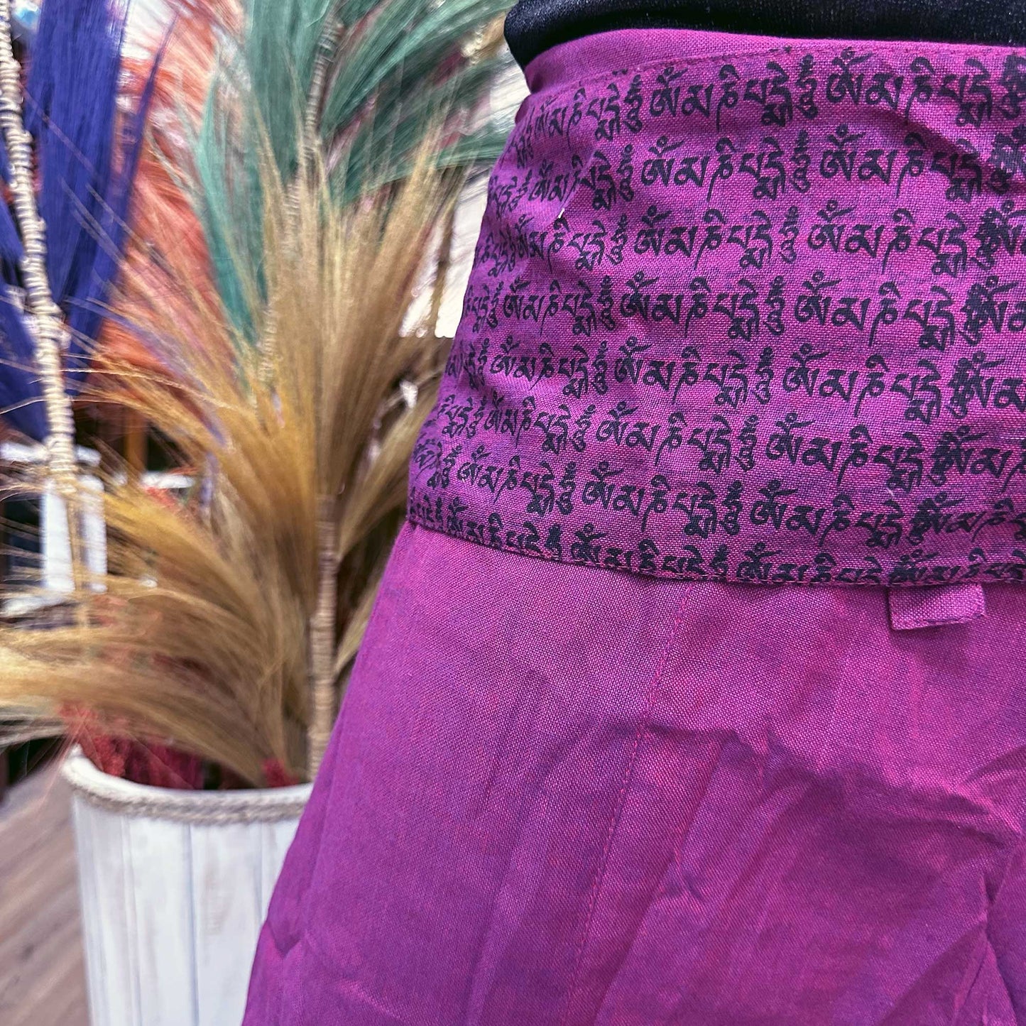 100% Eco-Friendly Cotton Unisex Thai Fisherman Style Yoga and Festival Pants - Purple / Mandala Mantra product packaging on clean background from Quintessential Holistic Health Ltd