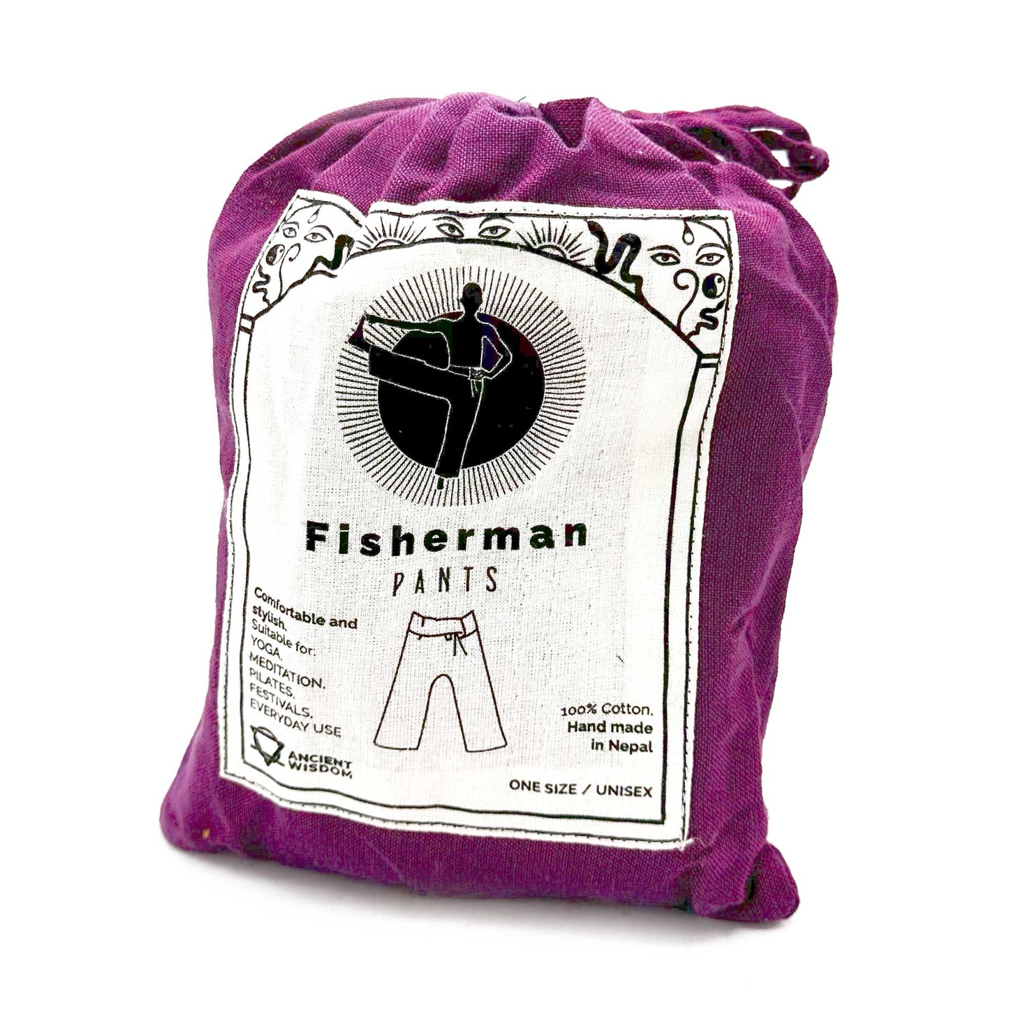 100% Eco-Friendly Cotton Unisex Thai Fisherman Style Yoga and Festival Pants - Purple / Mandala Mantra product packaging on clean background from Quintessential Holistic Health Ltd