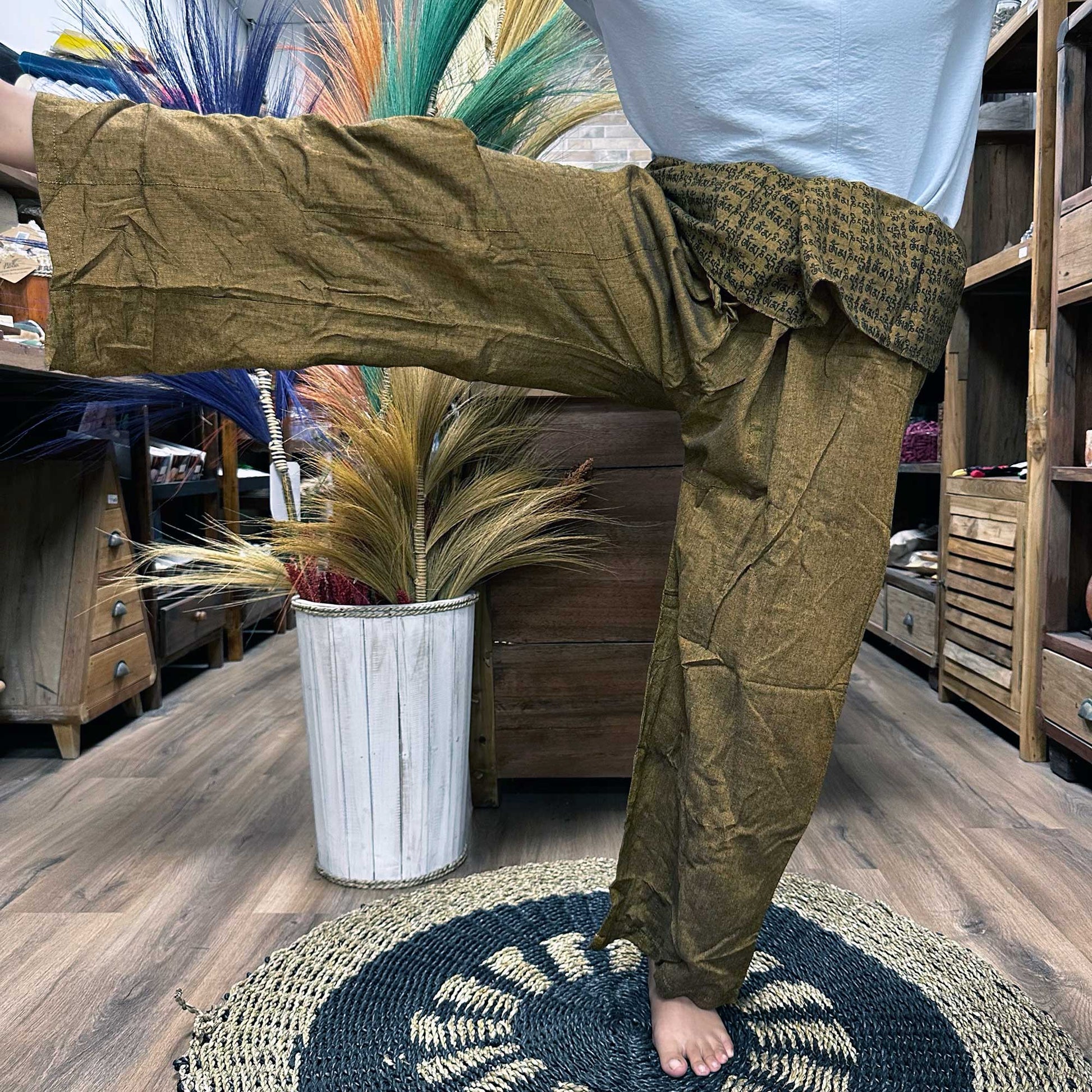 100% Eco-Friendly Cotton Unisex Thai Fisherman Style Yoga and Festival Pants - Gold / Mandala Mantra product packaging on clean background from Quintessential Holistic Health Ltd