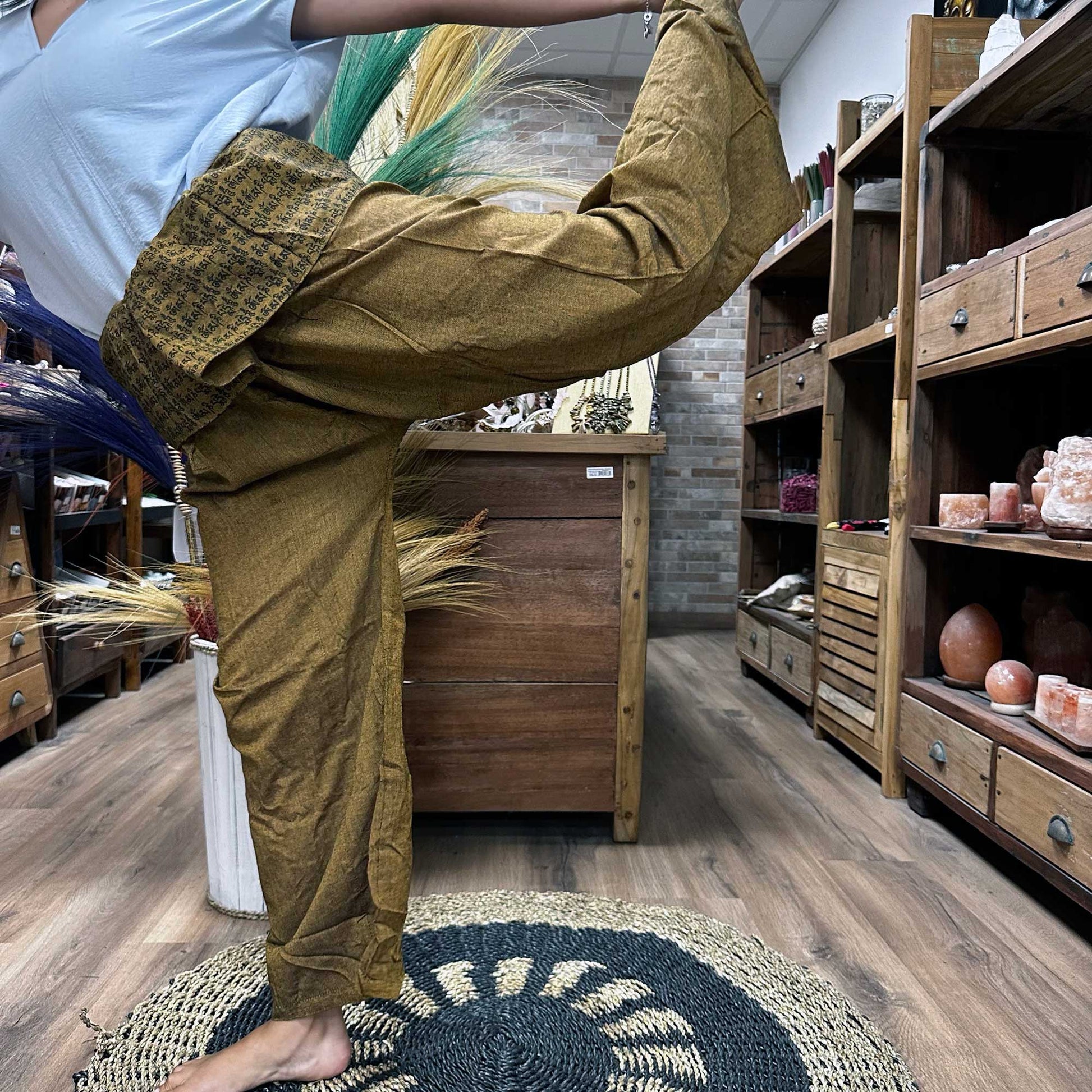 100% Eco-Friendly Cotton Unisex Thai Fisherman Style Yoga and Festival Pants - Gold / Mandala Mantra product packaging on clean background from Quintessential Holistic Health Ltd