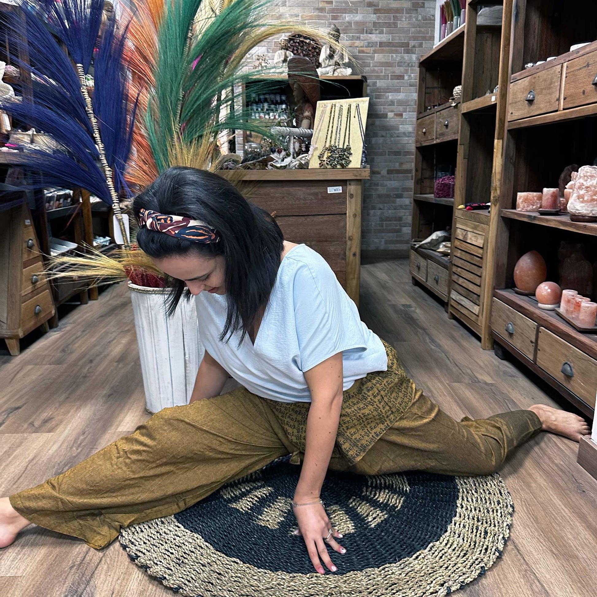 100% Eco-Friendly Cotton Unisex Thai Fisherman Style Yoga and Festival Pants - Gold / Mandala Mantra product packaging on clean background from Quintessential Holistic Health Ltd