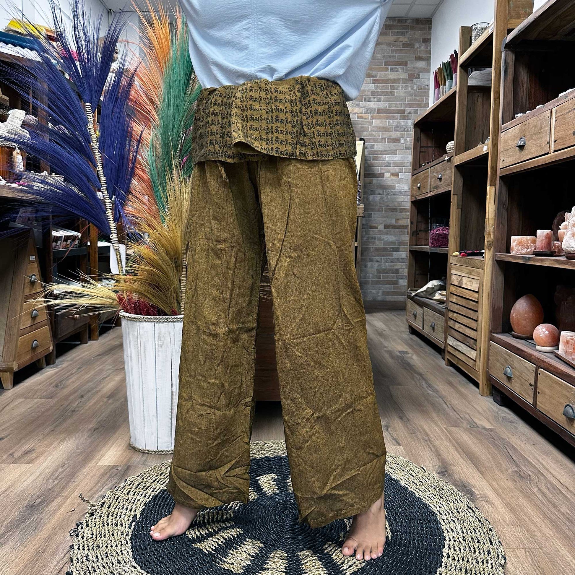100% Eco-Friendly Cotton Unisex Thai Fisherman Style Yoga and Festival Pants - Gold / Mandala Mantra product packaging on clean background from Quintessential Holistic Health Ltd