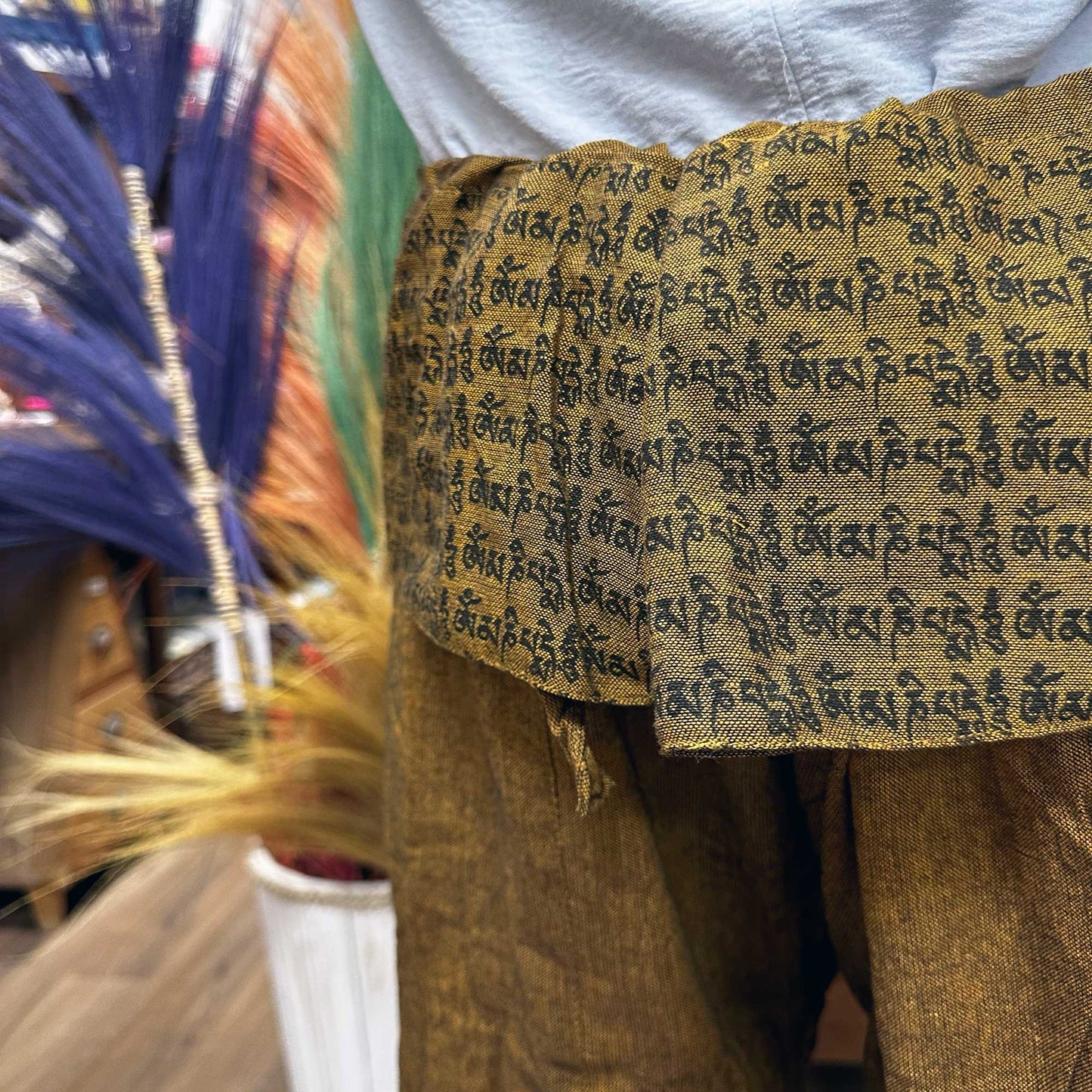 100% Eco-Friendly Cotton Unisex Thai Fisherman Style Yoga and Festival Pants - Gold / Mandala Mantra product packaging on clean background from Quintessential Holistic Health Ltd