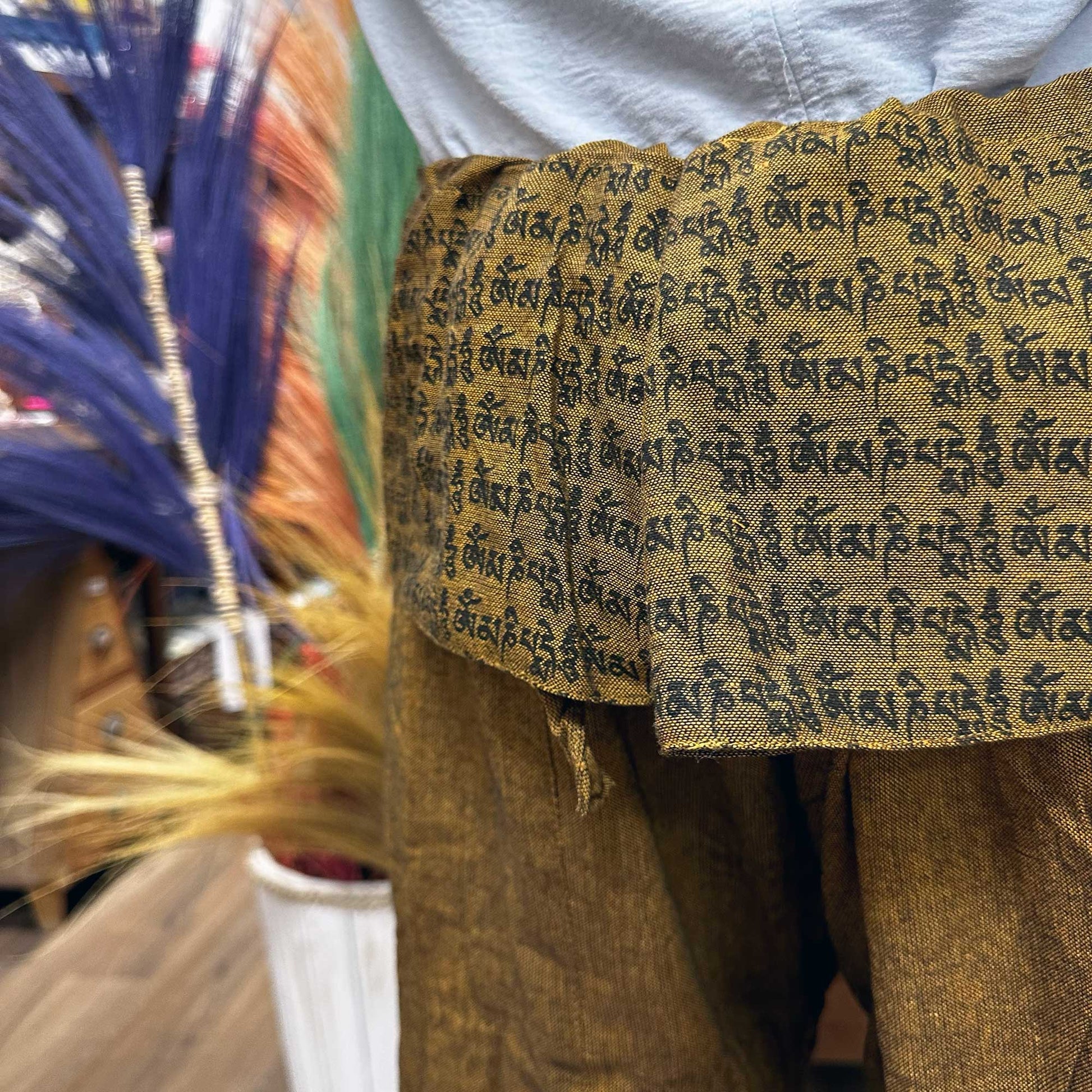 100% Eco-Friendly Cotton Unisex Thai Fisherman Style Yoga and Festival Pants - Gold / Mandala Mantra product packaging on clean background from Quintessential Holistic Health Ltd