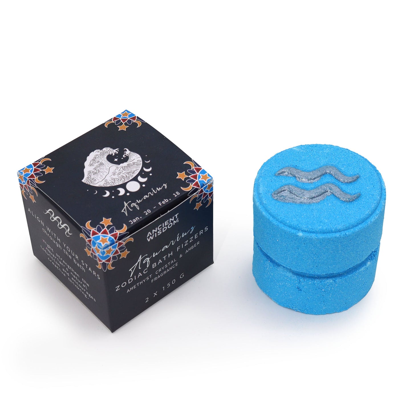 Aquarius Bath Bomb Fizzers - Amethyst Crystal & Amber - 2 Pack, blue stacked fizzers beside a dark zodiac box by Quintessential Holistic Health Ltd
