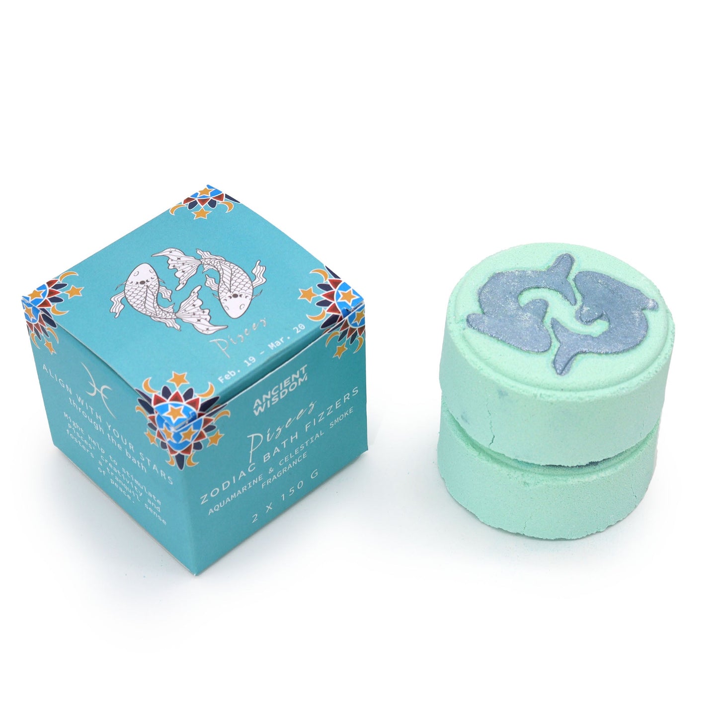 Fragranced Zodiac Horoscope Bath Bomb Fizzers - Pisces - 2 Pack, mint green stacked fizzers beside a turquoise zodiac box by Quintessential Holistic Health Ltd