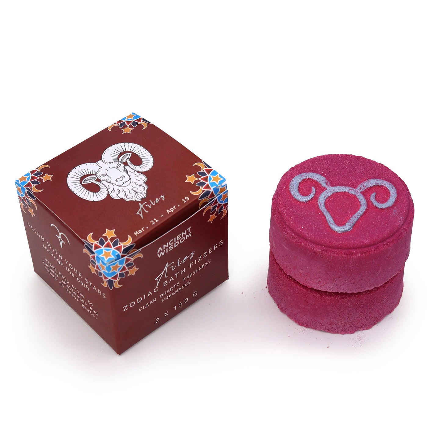 Aries Bath Bomb Fizzers - Clear Quartz Freshness - 2 Pack, pink stacked fizzers beside a burgundy zodiac box by Quintessential Holistic Health Ltd
