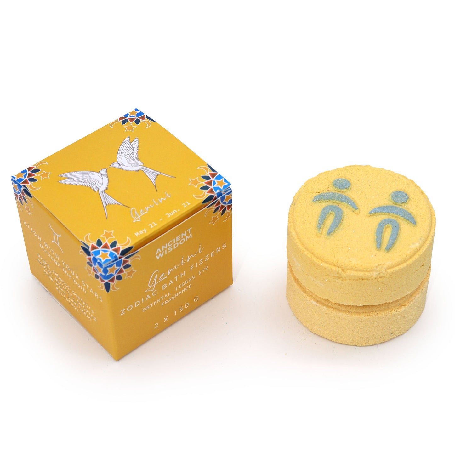 Gemini Bath Bomb Fizzers - Oriental Tigers Eye - 2 Pack, yellow stacked fizzers beside a matching zodiac box by Quintessential Holistic Health Ltd