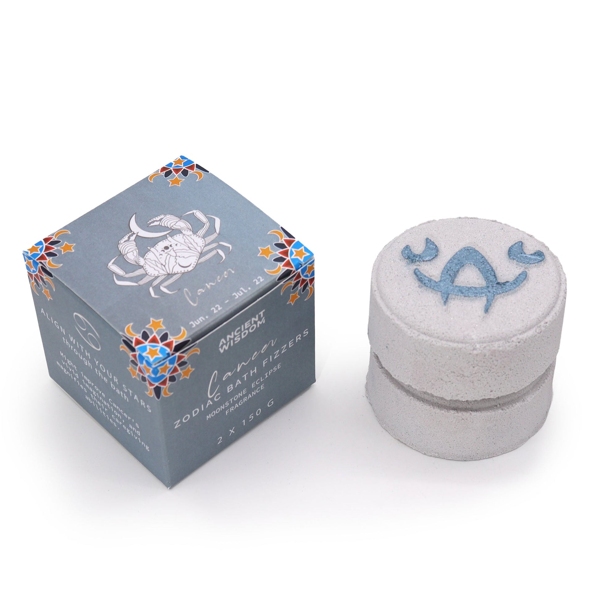 Cancer Bath Bomb Fizzers - Moonstone Eclipse - 2 Pack, pale grey stacked fizzers beside a grey zodiac box by Quintessential Holistic Health Ltd