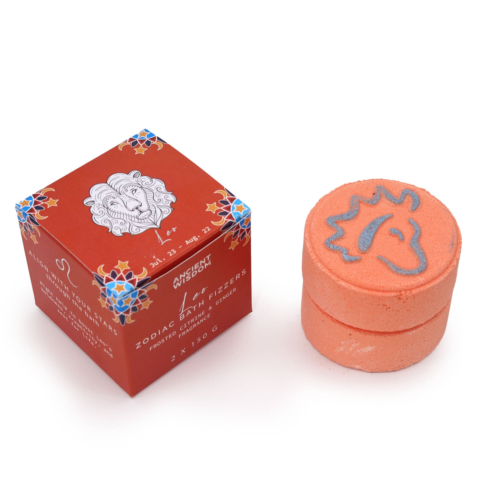 Leo Bath Bomb Fizzers - Frosted Citrine & Ginger - 2 Pack, coral stacked fizzers beside a red zodiac box by Quintessential Holistic Health Ltd