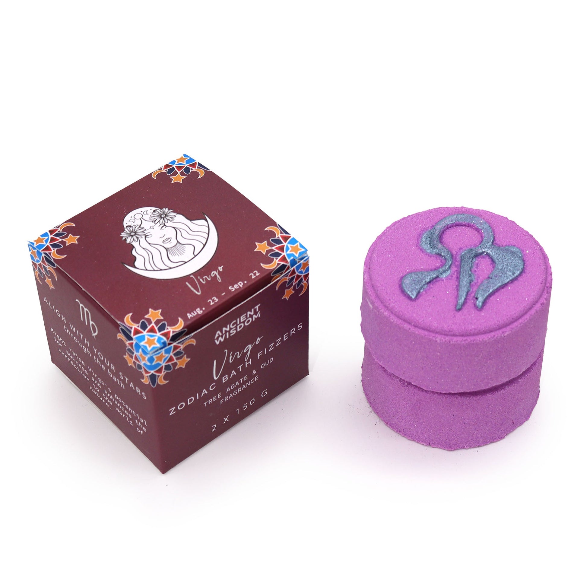 Virgo Zodiac Bath Bomb Fizzers - Tree Agate & Oud - 2 Pack, purple stacked fizzers beside a burgundy zodiac box by Quintessential Holistic Health Ltd