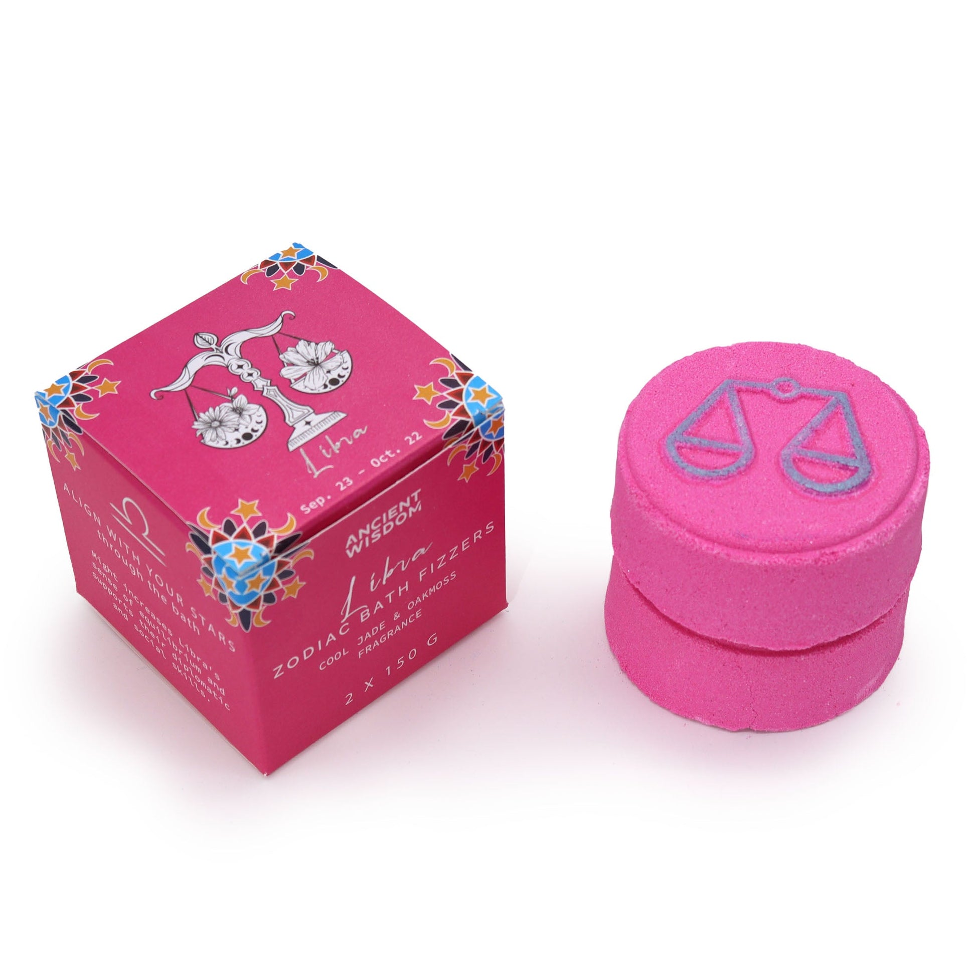 Libra Zodiac Bath Bomb Fizzers - Cool Jade & Oak Moss - 2 Pack, pink stacked fizzers beside a pink zodiac box by Quintessential Holistic Health Ltd