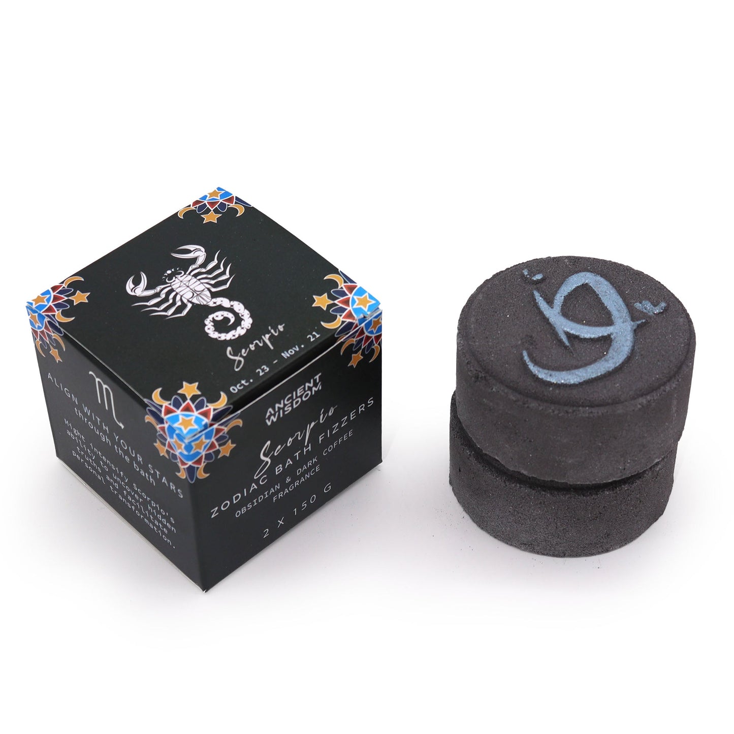 Scorpio Zodiac Bath Bomb Fizzers - Obsidian & Dark Coffee - 2 Pack, charcoal stacked fizzers beside a black zodiac box by Quintessential Holistic Health Ltd