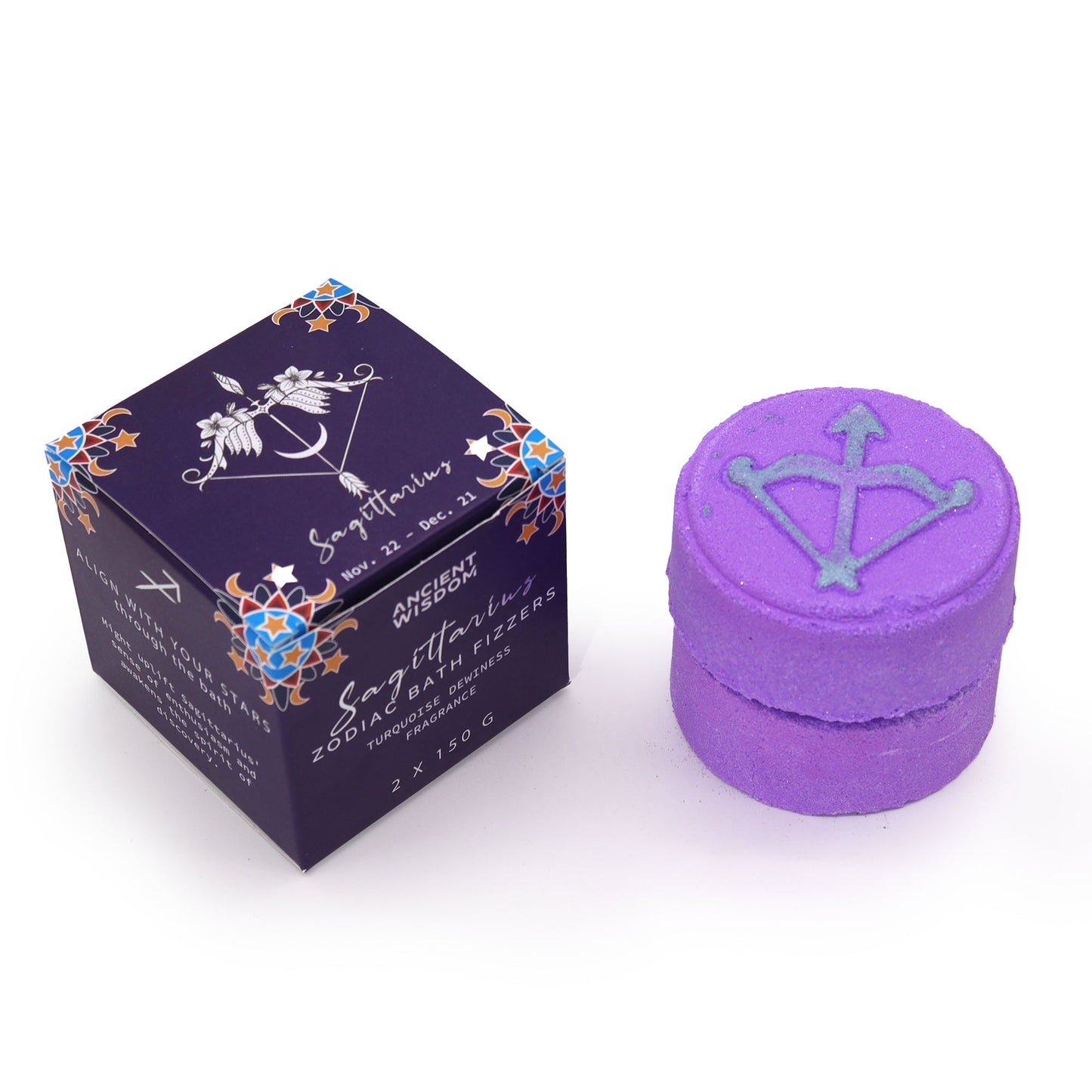 Sagittarius Bath Bomb Fizzers - Turquoise Dewness - 2 Pack, purple stacked fizzers beside a dark zodiac box by Quintessential Holistic Health Ltd